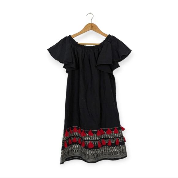 Piper Dresses & Skirts - Piper Perth Dress M Black Red Tassel Off Shoulder Boho Mini Cocktail Party